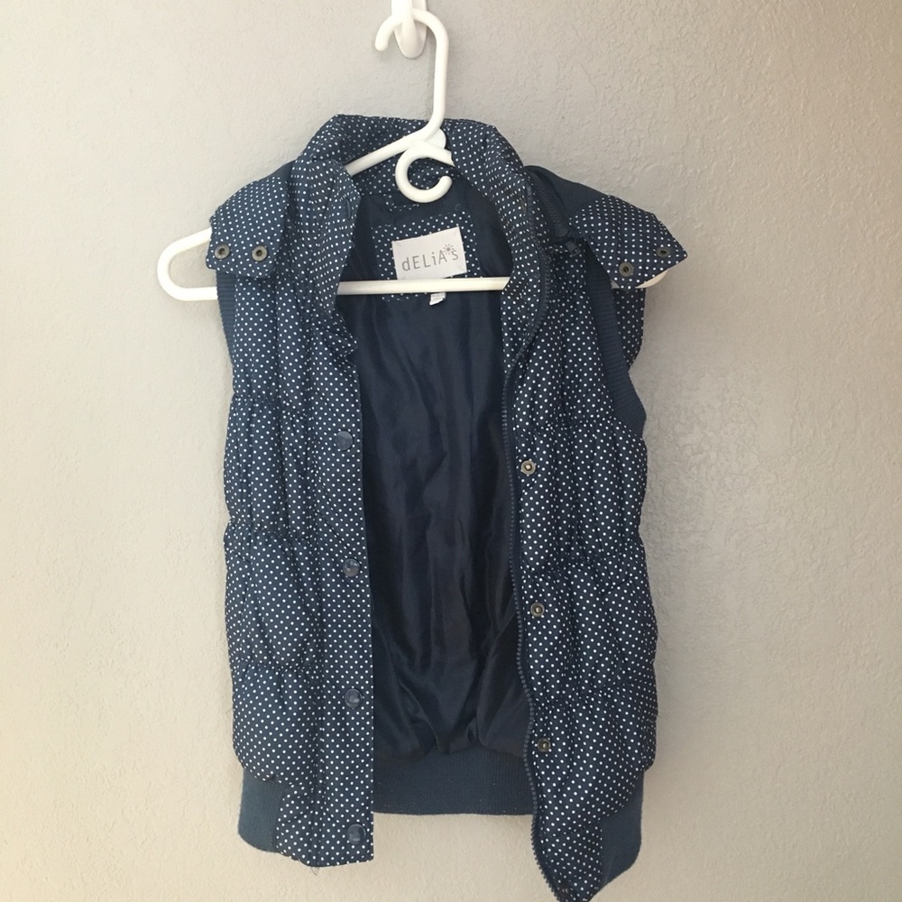 Navy blue and white polka dot vest